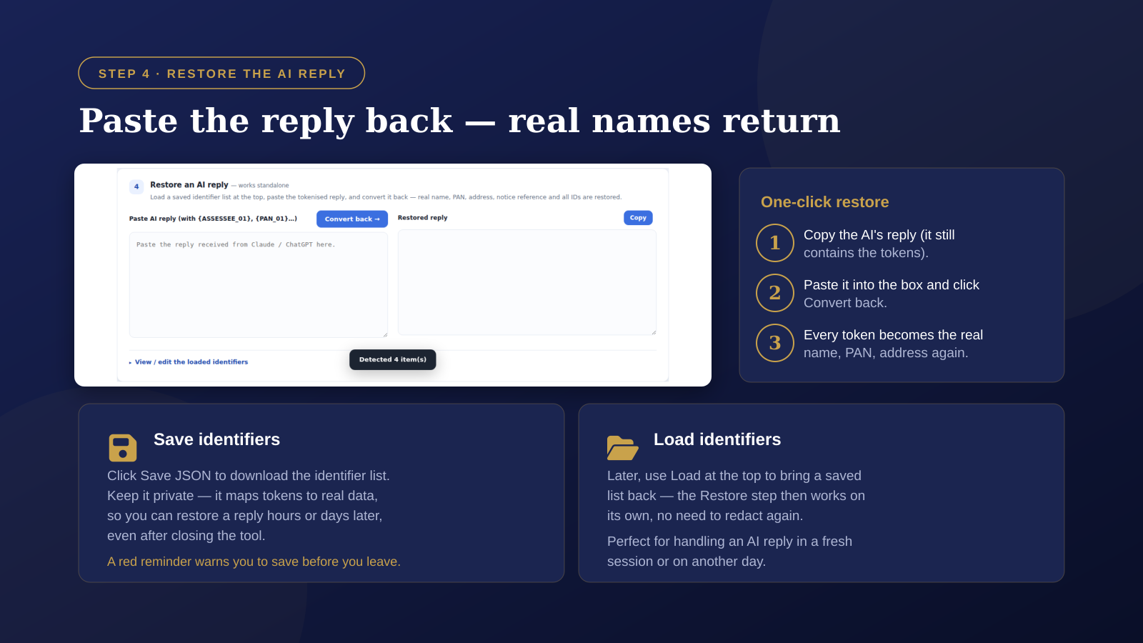 Step 4 — restore the AI reply, save and load identifiers